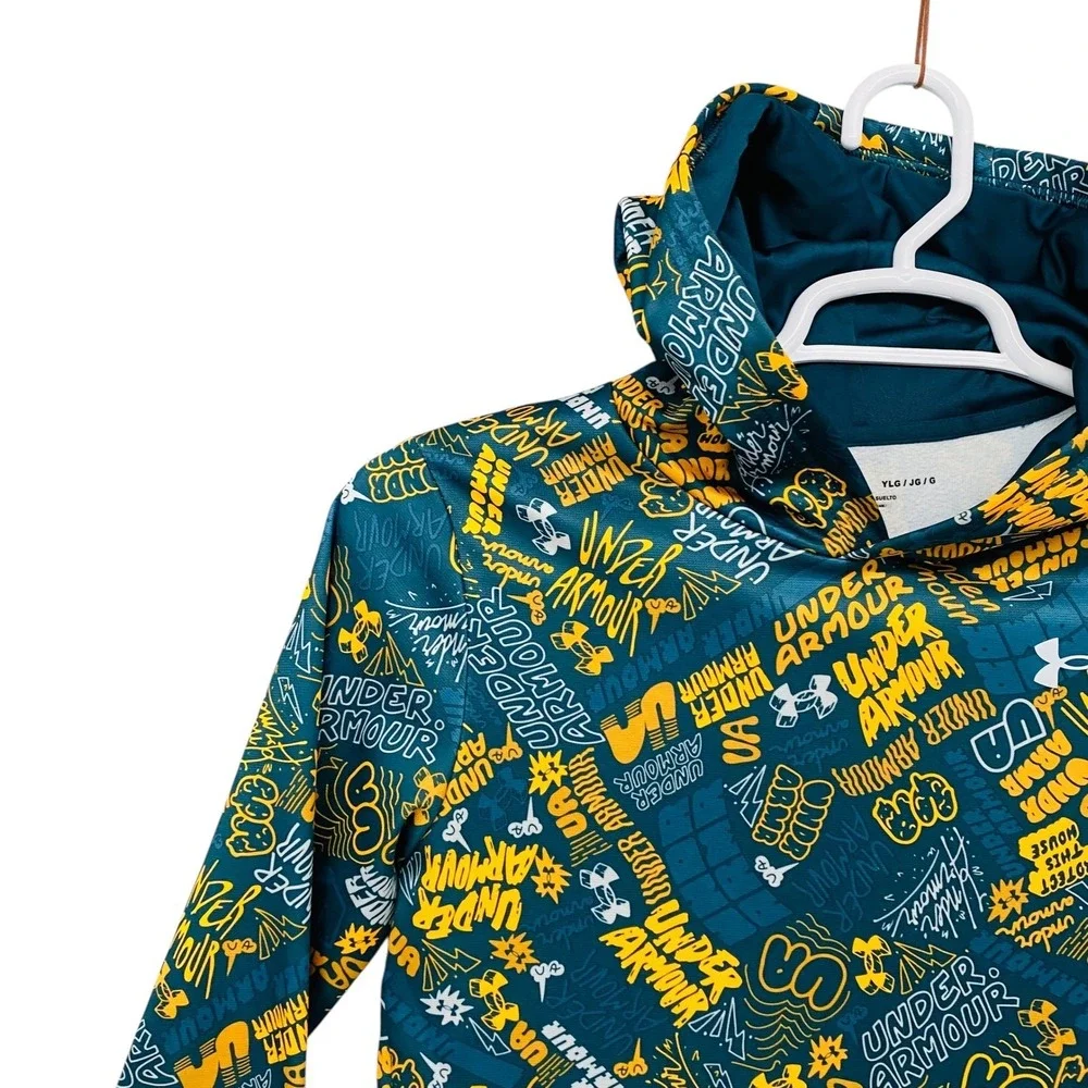 Under Armour Youth Hoodie Graphic Print‎ Teal Yellow Pullover Hooded Sweatshirt